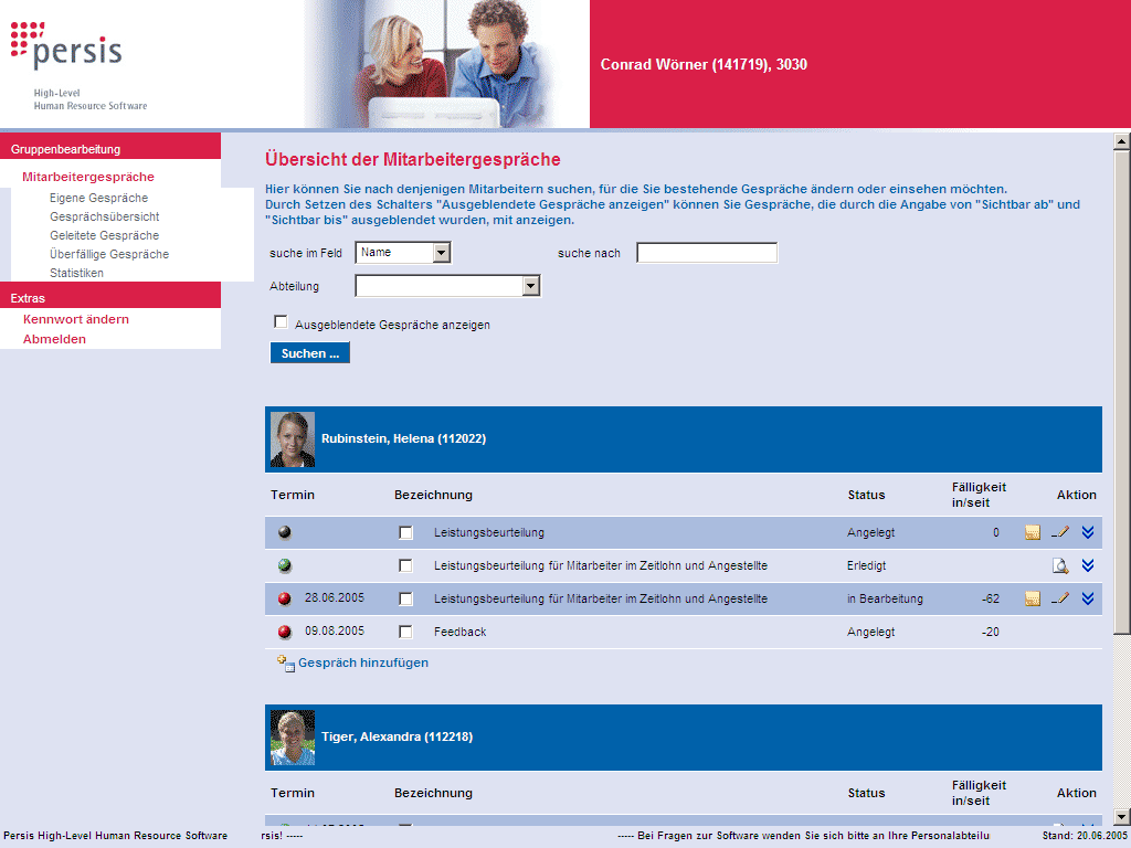 Persis ordnet jederzeit die vorgesehenen Gespr&auml;che &uuml;bersichtlich zu. Hier k&ouml;nnen vor dem Gespr&auml;ch vielf&auml;ltige Vorbereitungen durchgef&uuml;hrt werden.