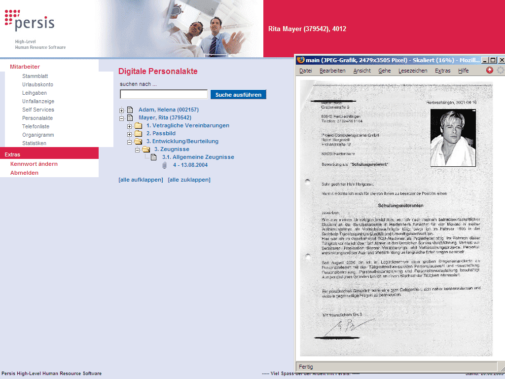 direkte Integration der digitalen Akte in Persis. Keinerlei Sucherei nach Papier und einfaches Handling des Scanprozesses.