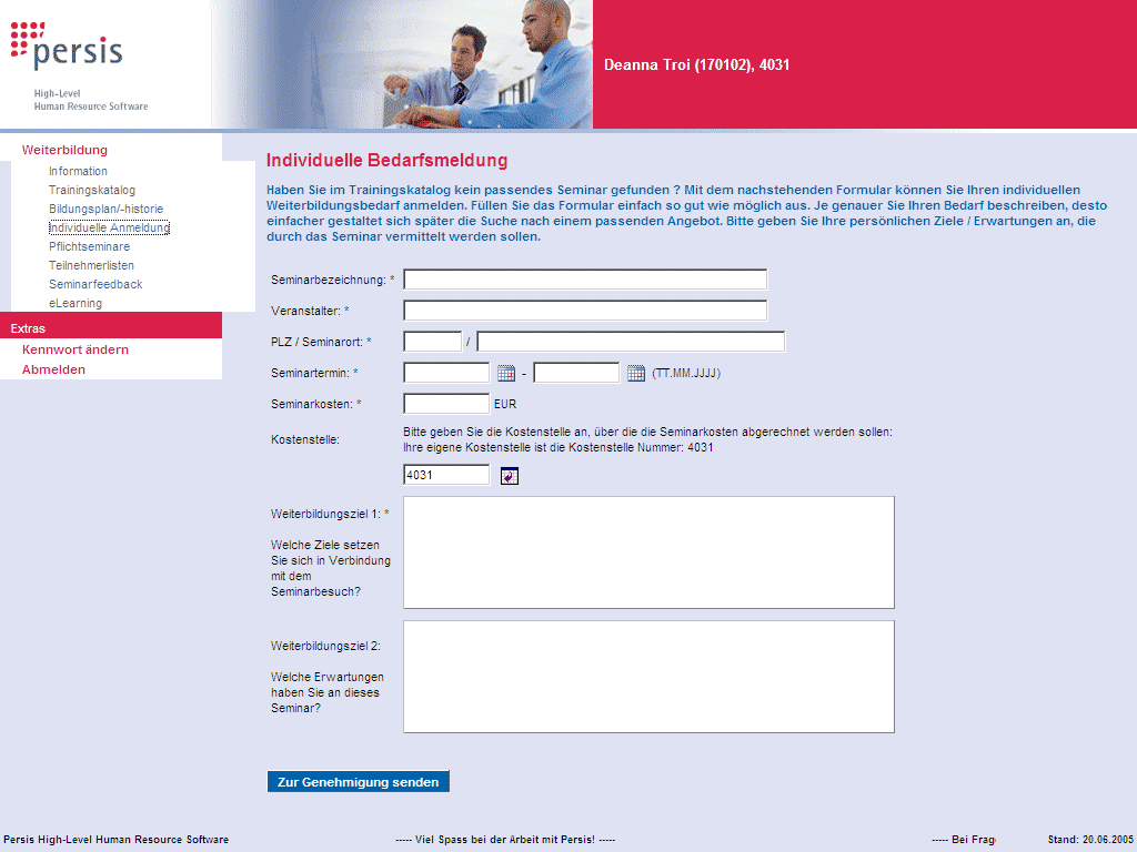 Weiterbildung im Portal: Nicht nur Standardseminare lassen sich auf Zielgruppen bezogen ausw&auml;hlen, sondern auch individuelle Bedarfsmeldungen. Hier k&ouml;nnen die Ziele benannt werden, die &uuml;ber die Transferkontrolle &uuml;berpr&uuml;ft werden.
